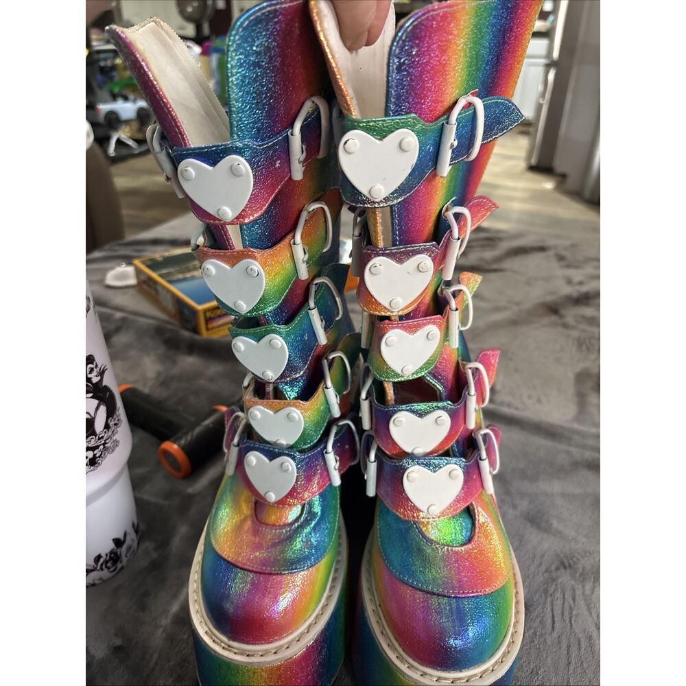Demonia Swing-230 Mid-Calf Platform Boots Rainbow Iridescent Women’s Size 7